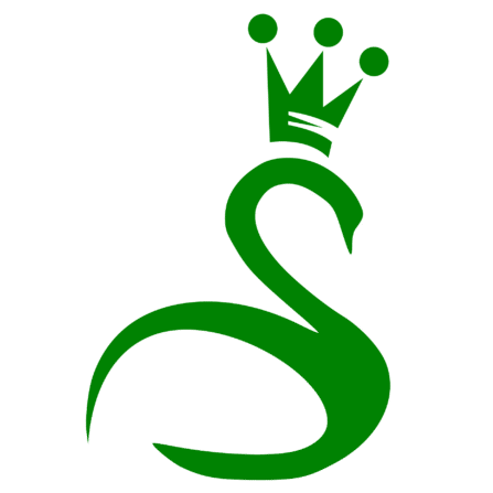 Stijlvolle logo van De Groene Zwaan met koninklijke kroon en artiestenboog.