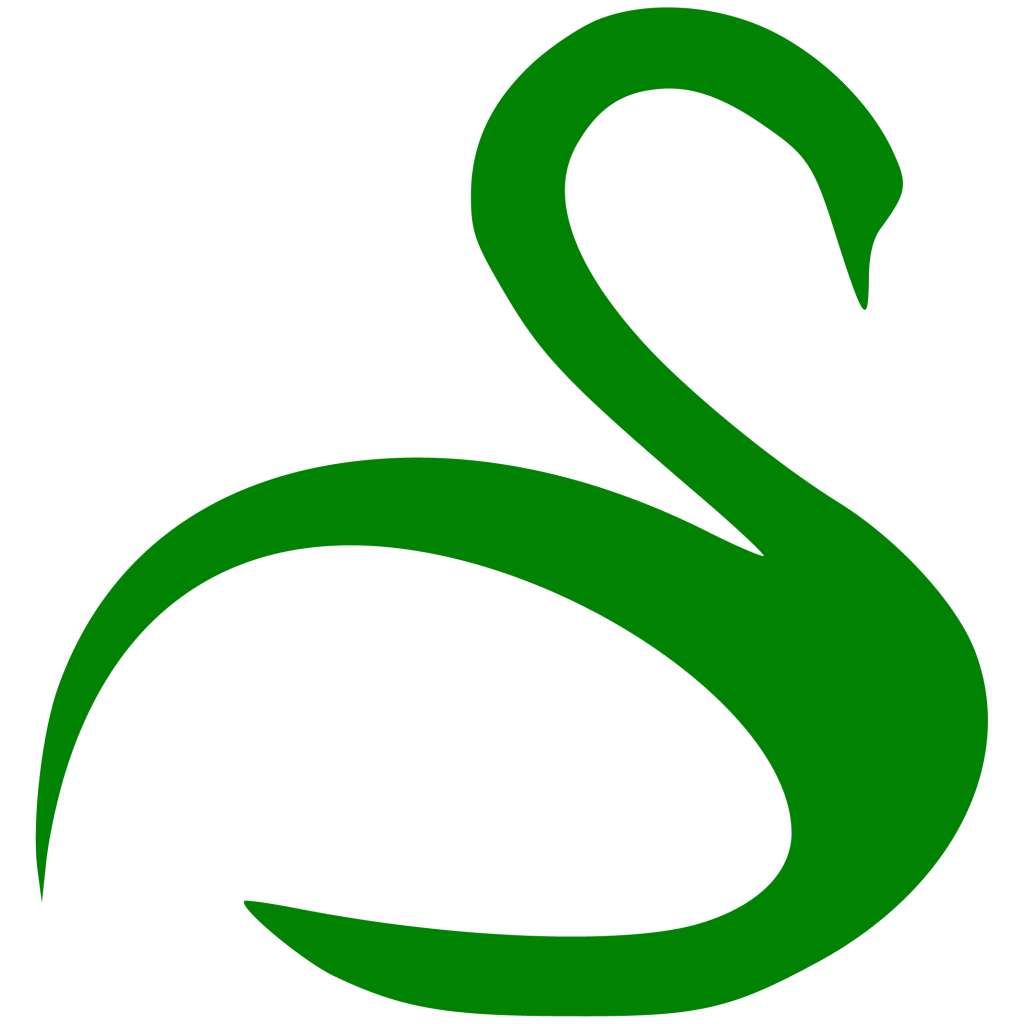 Stijlvolle logo van De Groene Zwaan met koninklijke kroon en artiestenboog.